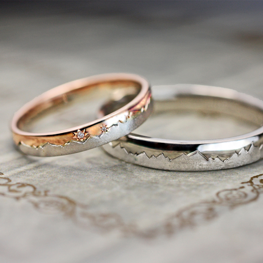 北アルプスをピンクゴールドとプラチナで結婚指輪オーダー作品に表現 千葉 柏で結婚指輪をオーダーメイドするならヨーアンドマーレ