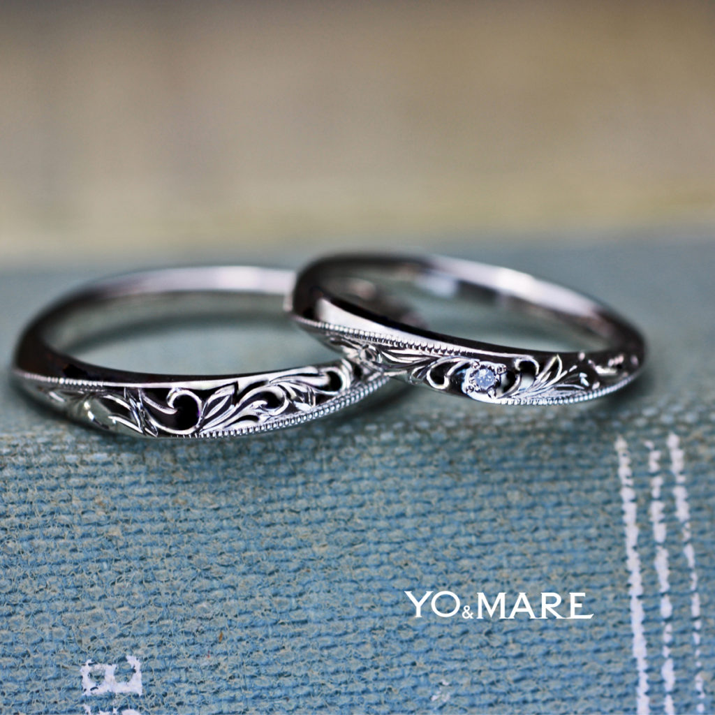ハワイアン柄とブルーダイヤを細い結婚指輪に入れたオーダー作品 千葉 柏で結婚指輪をオーダーメイドするならヨーアンドマーレ